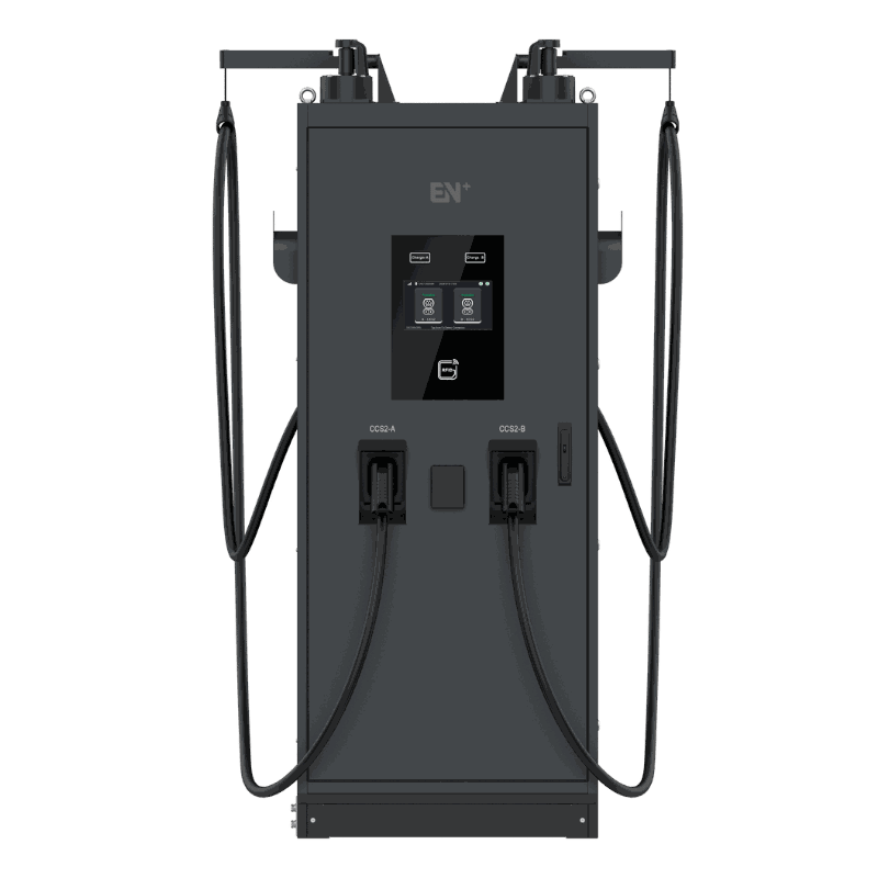 EN+ Turbo floor-standing dual-gun DC fast charger with CCS2-A and CCS2-B connectors and colour touchscreen