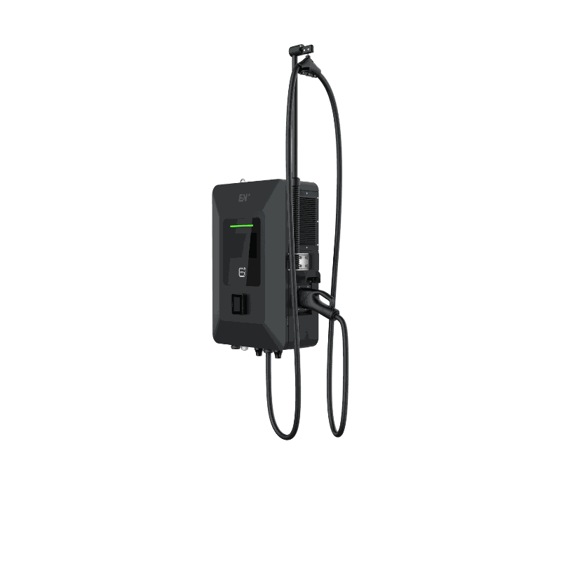 EN+ Mobox 40kW wall-mounted DC fast charger with colour touchscreen, RFID reader and coiled charging cable